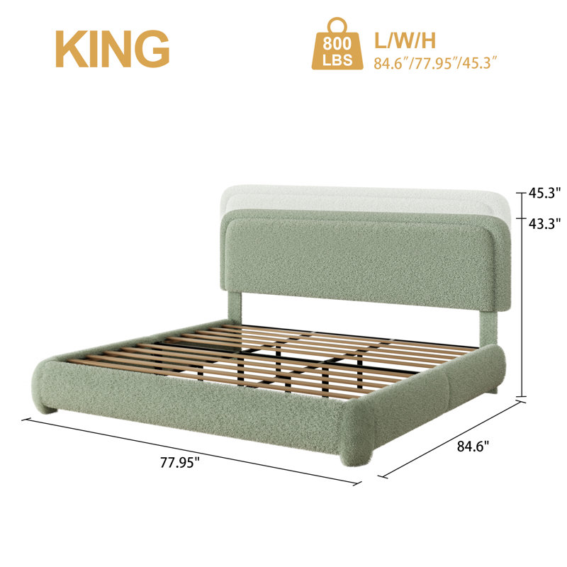 Boucle Upholstered Platform Bed Frame with Adjustable Headboard & Soft Rounded Corners, Green, King