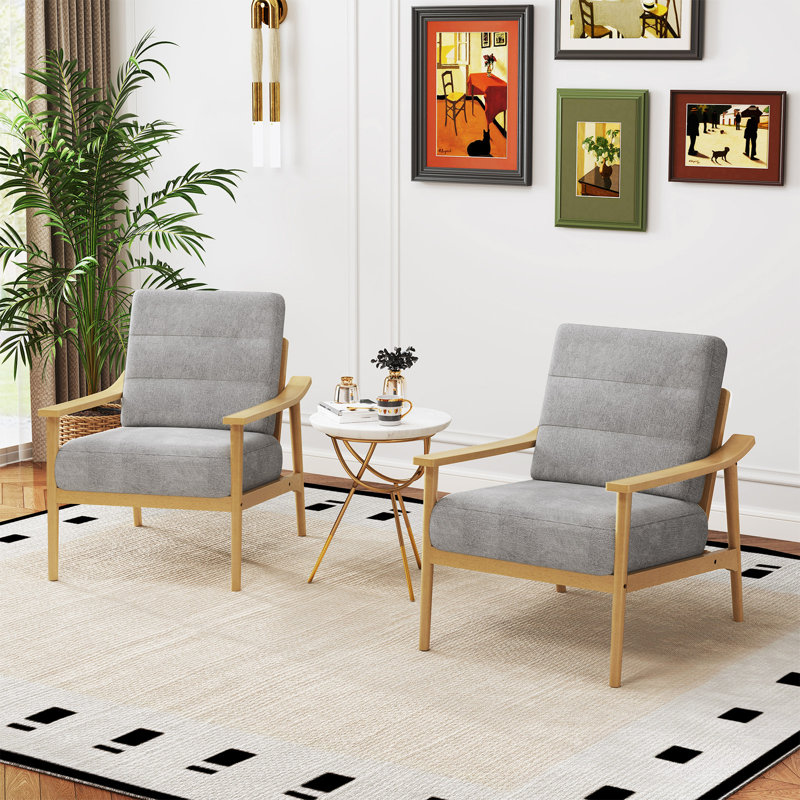 Fauteuil d'appoint rembourré 2 pièces avec accoudoirs et pieds en bois d'hévéa, Bois naturel