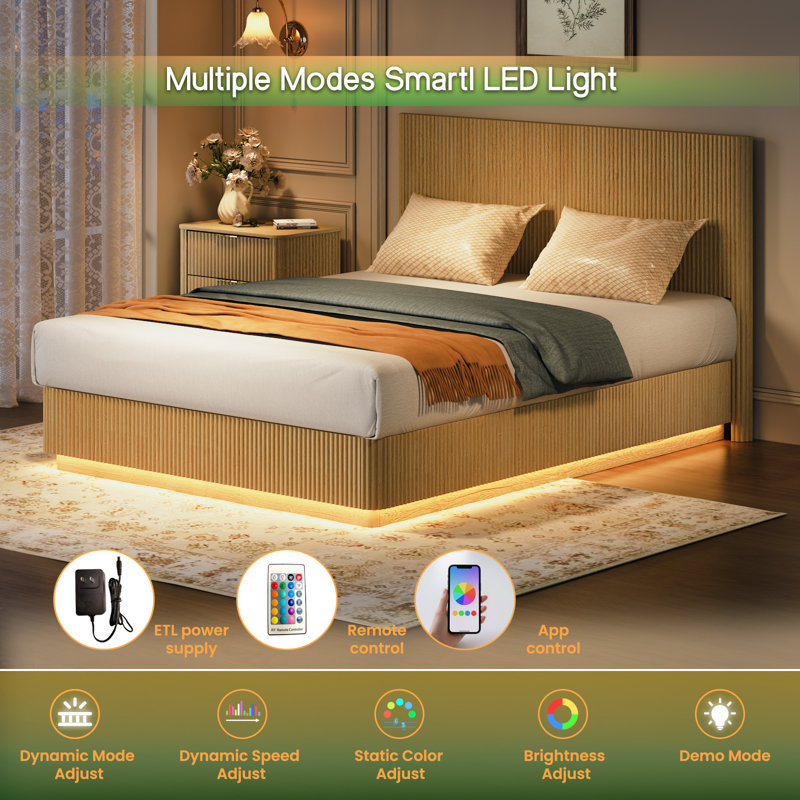 Fluted Bed Frame with Smart LED Lights and Tall Headboard, Platform Bed with Metal Support Slats, Weight Capacity 1000 lbs, No Box Spring Needed, Oak, Queen