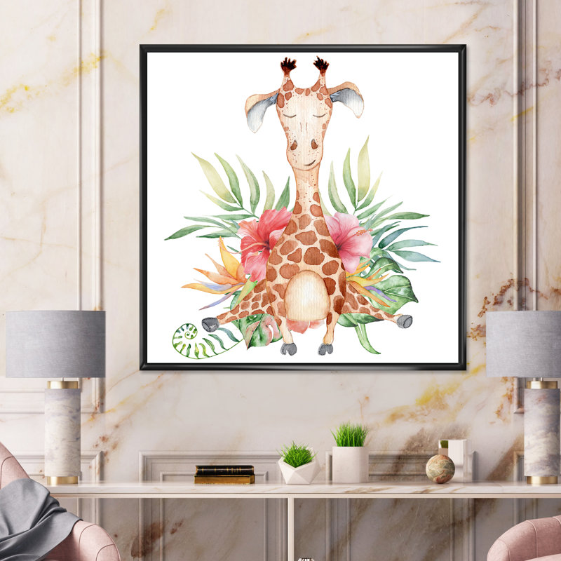 Dessin de girafe avec fleurs tropicales III - peinture sur toile, H 30 po x l 30 po x P 1 po, Cadre flottant noir
