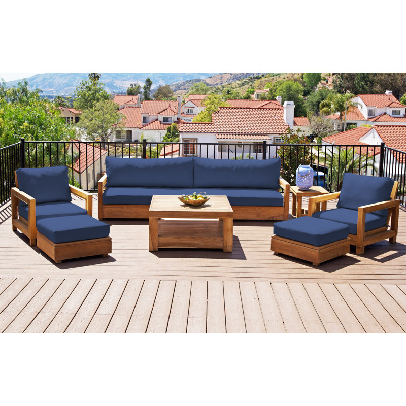 Ensemble de conversation d'extérieur en teck 7 pièces Crelake Deluxe, Sunbrella® bleu marine