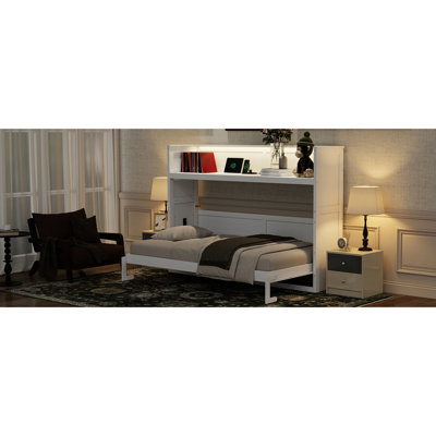 Lit simple TG avec bureau, lumières DEL, station de charge. Blanc. Fabriqué en bois massif et pour un bureau à domicile moderne ou une chambre d'amis. Finition blanche. Fabrication pratique