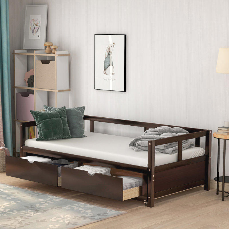 Lit de jour extensible en bois avec lit gigogne et tiroirs de rangement, Espresso