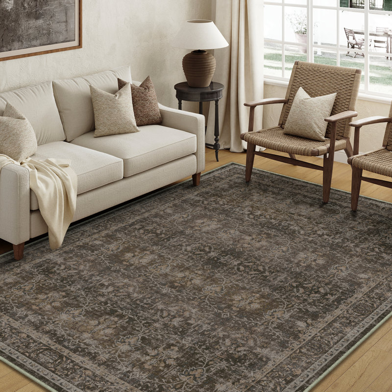 Tapis floral rétro gris brun, Rectangle 6 pi x 9 pi