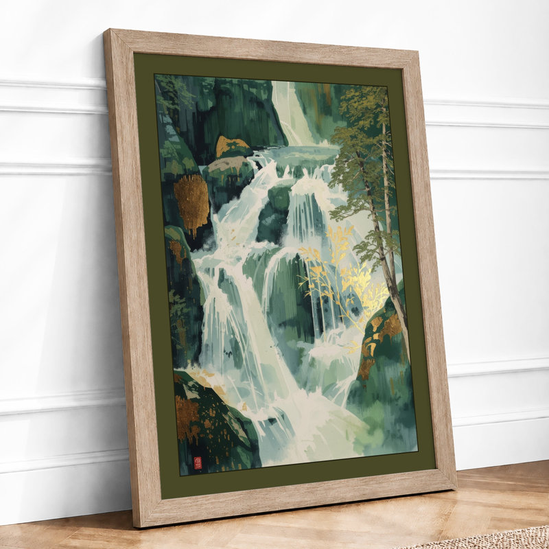 Cascading Waterfall Scandinavian - Framed Print, A2 - 59.4 x 42.0 cm, Oak