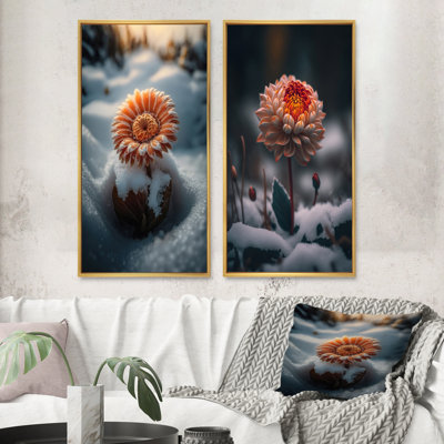 «A Blooming Light Orange Gerbera Flower In Winter», 2 pièces sur toile