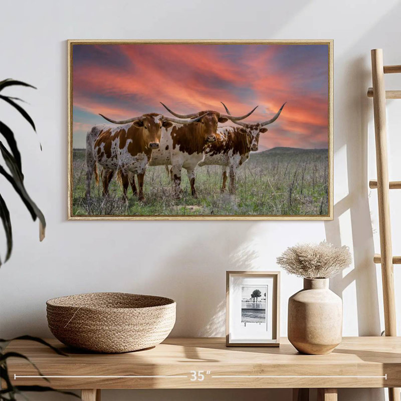 Trois Longhorns du Texas, 25 po x 17 po, Cadre flottant en bois naturel