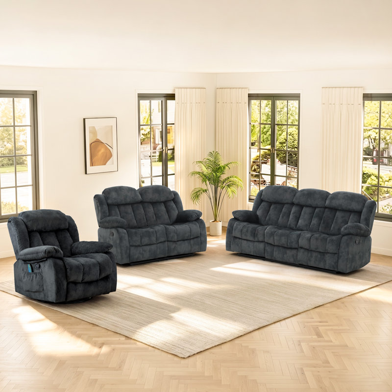 Ensemble de salon manuel en microfibre 3 pièces avec fauteuil inclinable chauffant à massage et causeuse manuelle et canapé 3 pièces