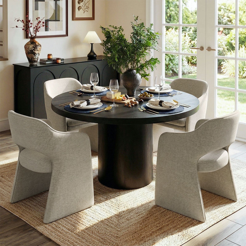 Ensemble de table de salle à manger pour 4 personnes avec table ronde en bois massif et 4 chaises rembourrées imperméables
