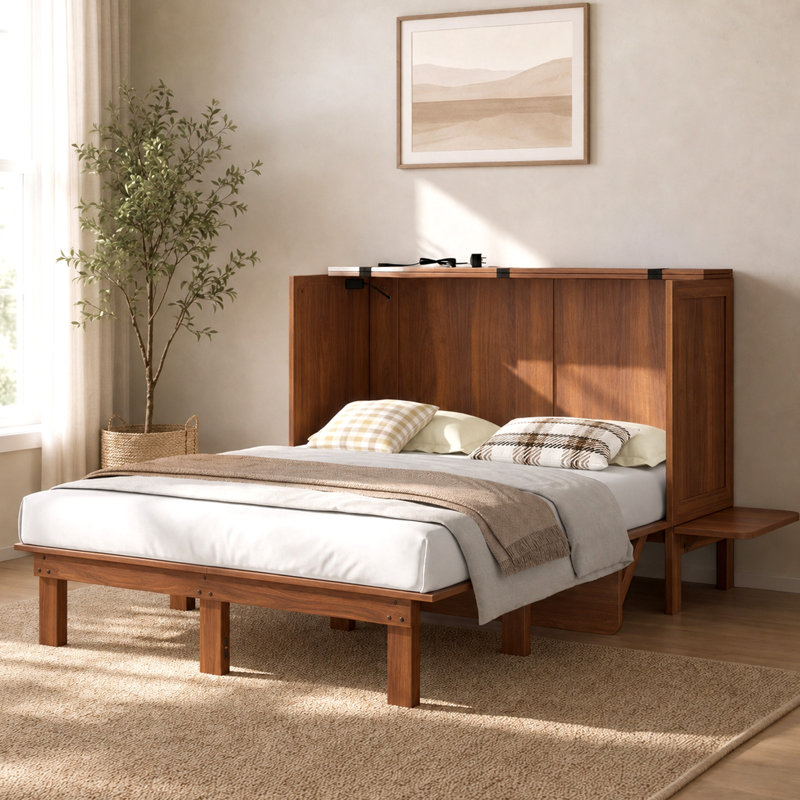 Lit armoire 2 en 1 - Lit escamotable avec ports USB et tablette rabattable, Brown