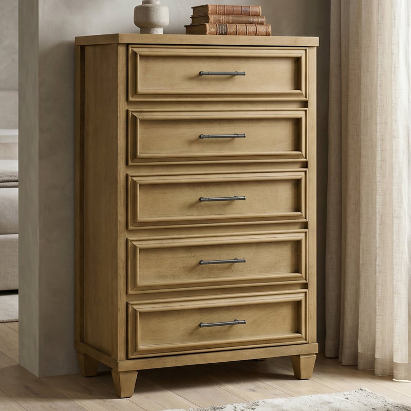 Cashin 28.7" W Solid Wood 5 Drawer Chest Bedroom Storage, Antique Oak