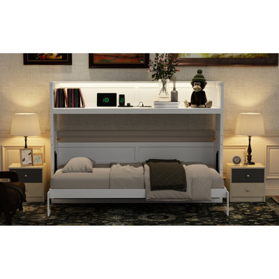Lit simple TG avec bureau et DEL. Blanc. Fabriqué en bois massif pour un bureau blanc polyvalent ou une chambre d'amis, un bureau blanc et une station de recharge. Cadre moderne