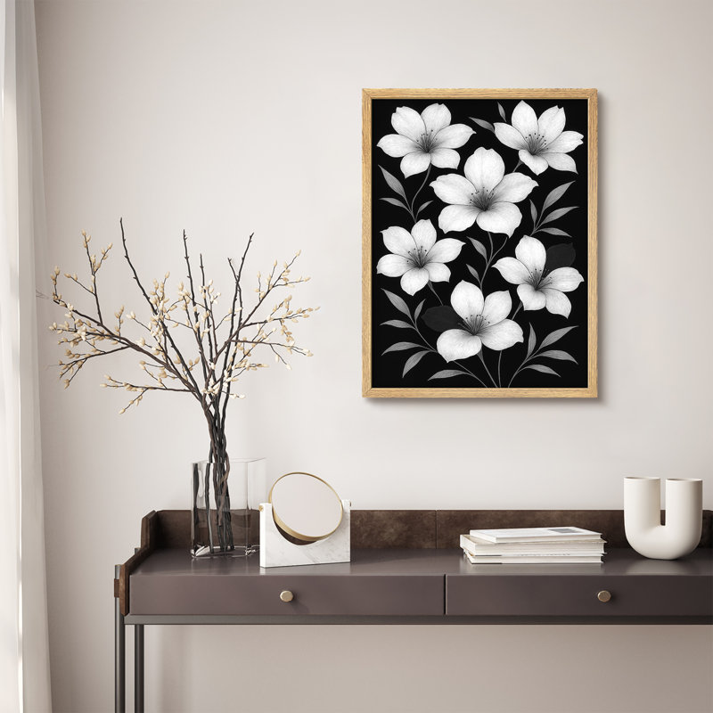 Impression murale encadrée florale noire et blanche, design botanique élégant pour une décoration chic, H 14 po x l 11 po