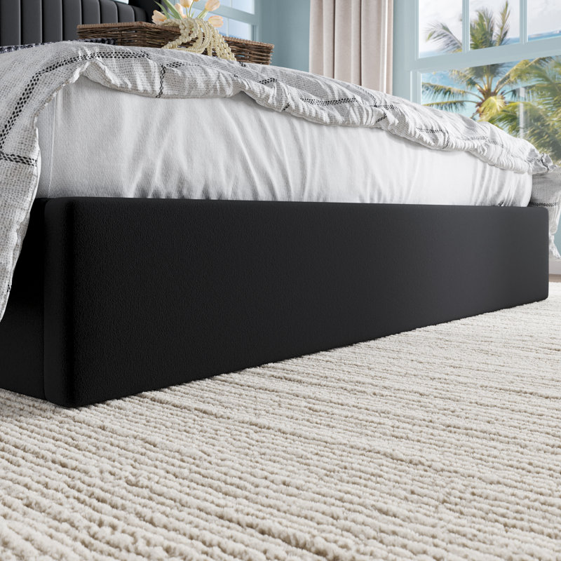 Hydraulic Lift Up Storage Upholstered Platform Bed With Shelf And Charging Station, Black, Queen