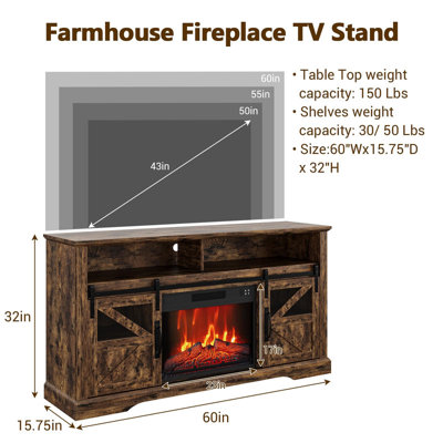 Meuble télé de style ferme avec foyer intégré, centre de divertissement en bois pour téléviseurs jusqu'à 70 pouces, avec foyer électrique de 23 pouces, portes coulissantes de style grange, armoires et étagères de rangement.