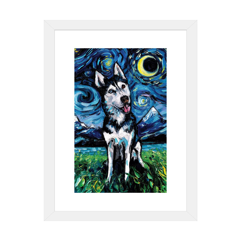 « Happy Husky Night » par aja Trèves, reproduction d’art, H 24 po x l 16 po x P 1 po, Papier encadré blanc, Blanc
