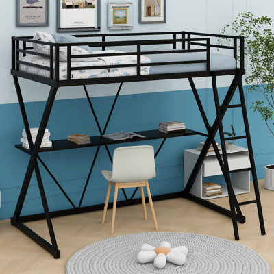 Loft Bed With Twin-Size Mattress, Integrated Desk, Ladder, And Full-Length Safety Guardrails, Featuring An X-Shaped Frame In Black