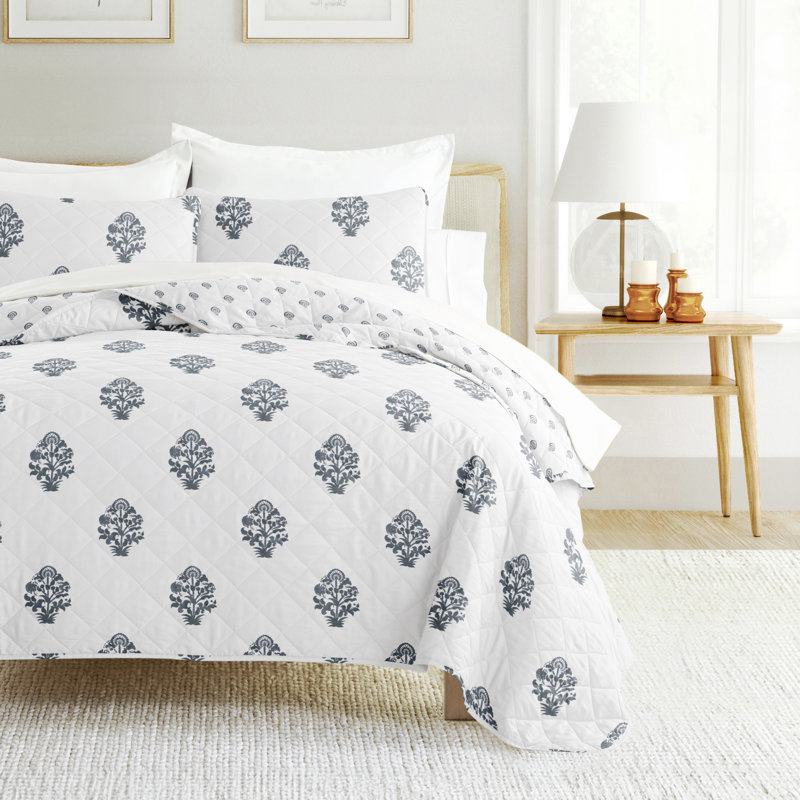 Quilt Set - Lightweight - All Season Quilted Coverlet -Stamped Bloom Dusk Blue, Queen Quilt + 2 Standard Shams