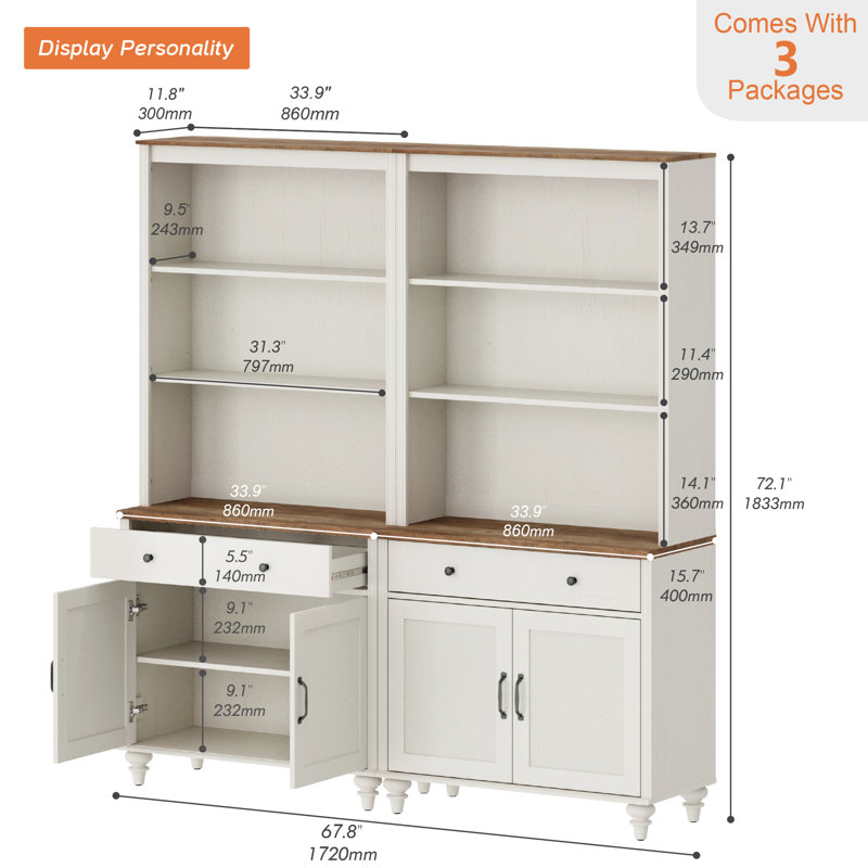 Scarlett Sideboard Cabinet With Bar Hutch, Buffet Cabinet With 2 Drawers And 5 Tier Shelves, 68'', White