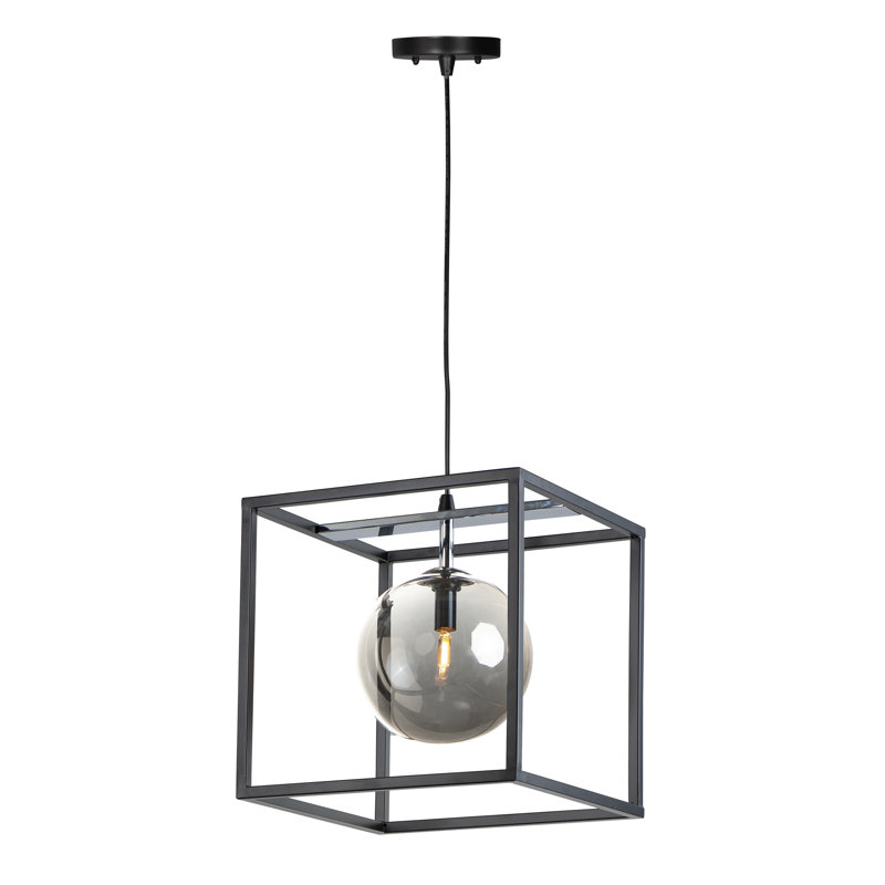 Luminaire suspendu rectangulaire simple à 1 lumière Waldenburg, H 14,5 po x l 9,75 po x P 9,75 po, Fumée, Noire/chrome poli