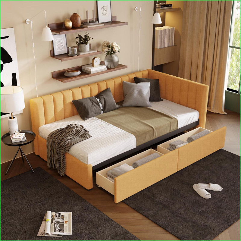 Lit de jour simple rembourré en lin avec 2 tiroirs de rangement - structure de canapé-lit, aucun sommier nécessaire, jaune pour les chambres d'amis