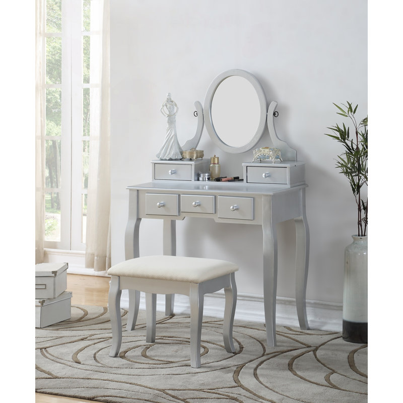 Ensemble coiffeuse contemporaine avec miroir pivotant et 5 tiroirs doublés, Silver