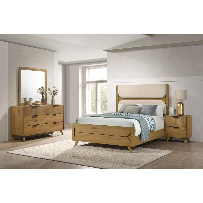 Ensemble de chambre à coucher Vangundy 5 pièces, entièrement recouvert de tissu crème, style milieu du siècle, chêne clair