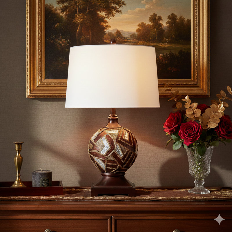 29.75-Inch Tall Polyresin Table Lamp Decorated With A Polymosaic Pattern