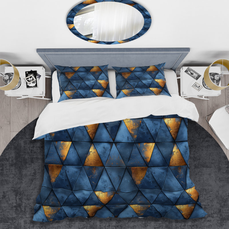 Ensemble de housse de couette moderne Blue Gold Modern Glam Triangles I, Housse de couette très grand et 2 très grandes t