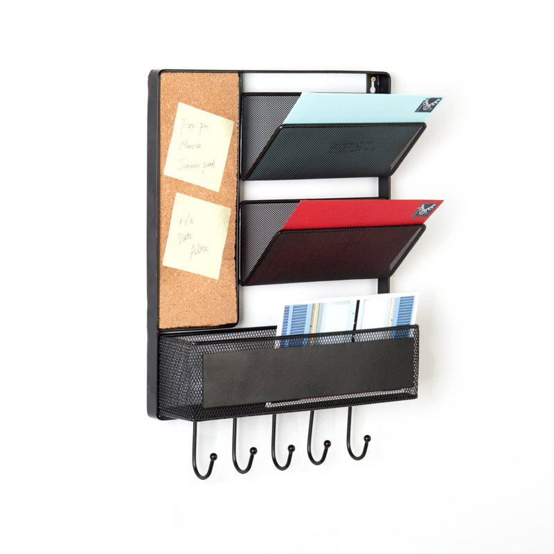 Wall Mail Organiser With Key Hooks, Wall Baskets and Mail Storage, Black
