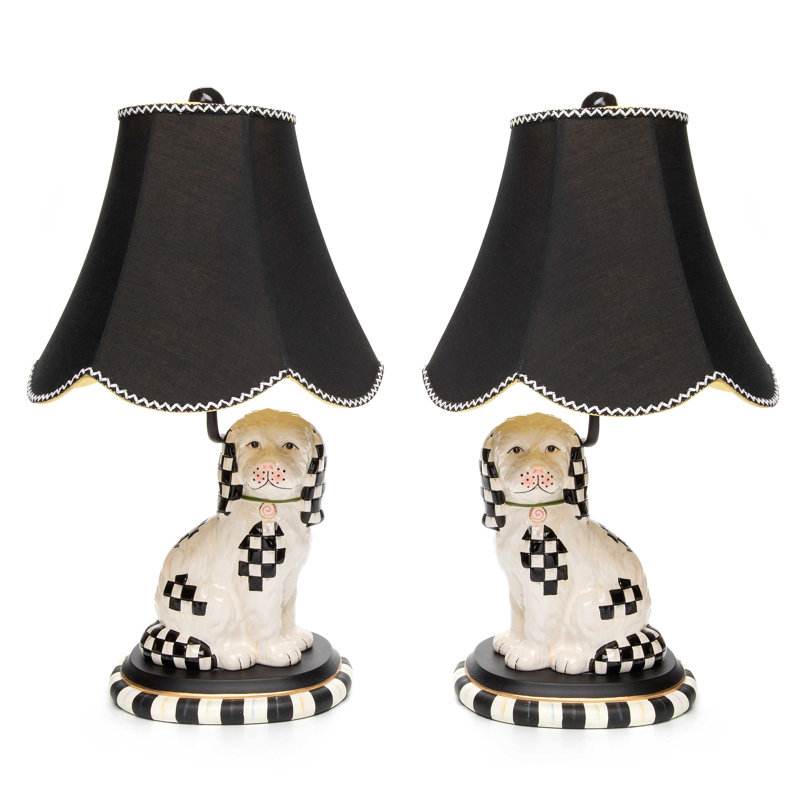 Black and White Ceramic Dog Table Lamp Set with Bell Shades