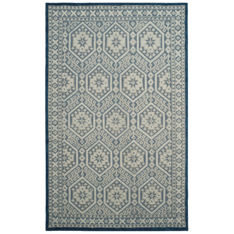 Tapis géométrique bleu en laine / coton noué à la main Baum, Rectangle 6 pi x 9 pi