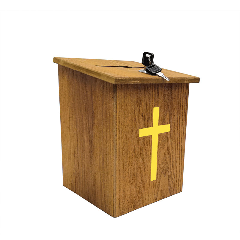Lockable Oak Donation Box with Gold Cross and Side Pocket