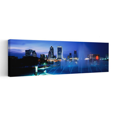 Fountain Cityscape Night Jacksonville Florida USA by Gerald L. French - Wrapped Canvas Panoramic Print