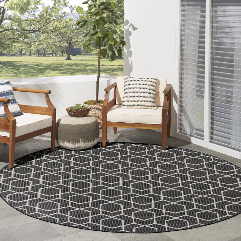 Tapis intérieur / extérieur noir moderne Reidy, Noir, Rond 8 pi