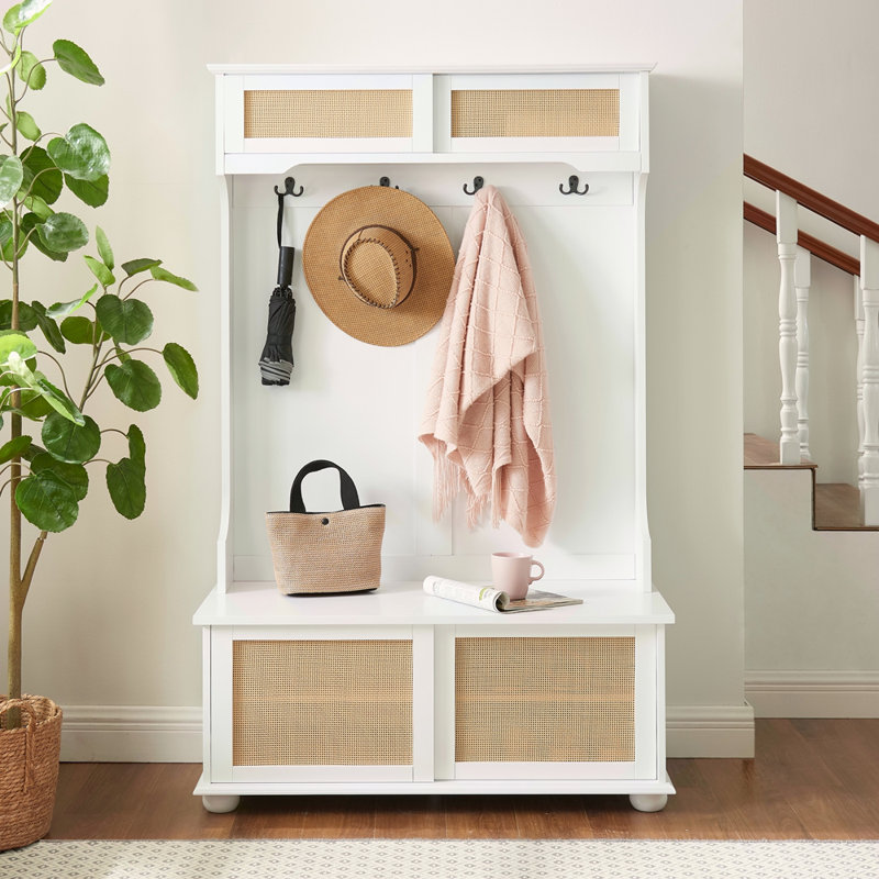 Banc de vestibule pour hall d'entrée de style décontracté avec tablettes en porte en rotin et armoires à chaussures, pieds en bois massif, l 40,16 po x P 18,58 po x H 64,17 po