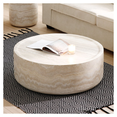 Table basse 38,58 po ronde en faux travertin - sans assemblage requis Table basse de salon en fibre de verre avec motif en marbre