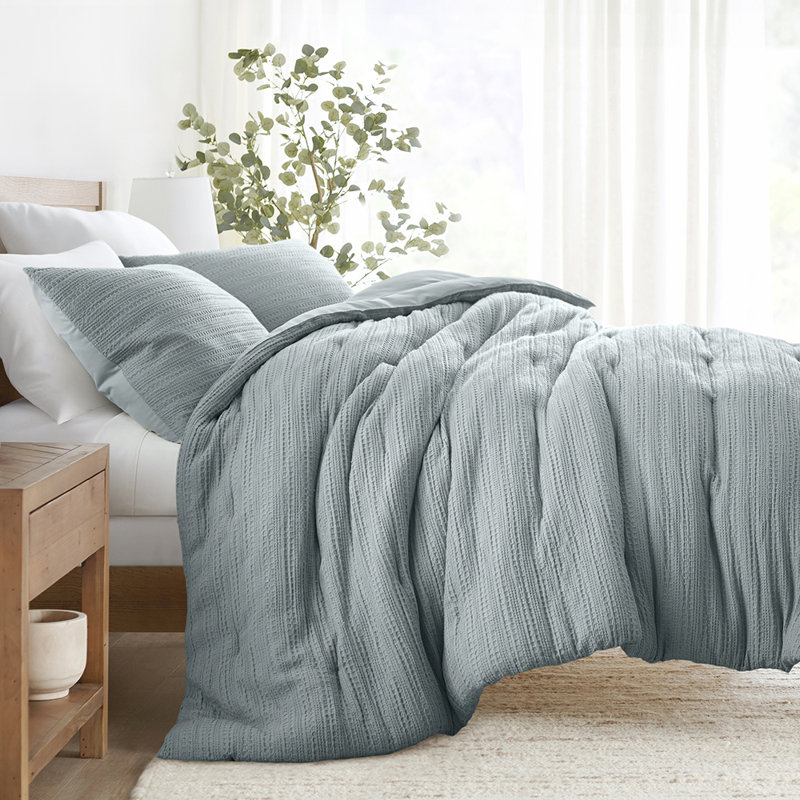 Waffle Textured 3 Piece Comforter Set All Season Down-Alternative Ultra Soft Bedding, Blue, Twin Comforter + 1 Standard Sham