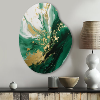 «Green and Gold Serene Cascade III», art mural abstrait en forme de métal, reproduction d'art asymétrique verte