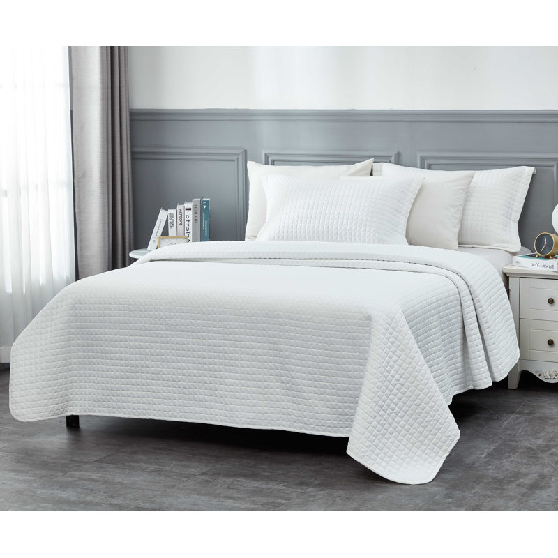  Ensemble de couvre-lit en microfibre 2 pièces, Courtepointe grande + 2 taies décoratives, Blanc