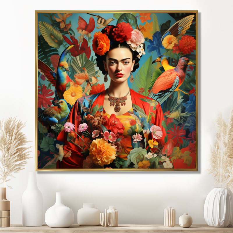 Art floral coloré Frida, chef-d'œuvre d'art mexicain I, 44" H x 44" W, Reproduction avec cadre flottant, Doré