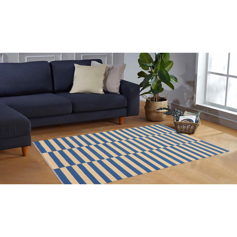 Tapis géométrique bleu / beige en laine noué à la main à motif géométrique 4 pi 1 po x 6 pi 1 po Cogdill