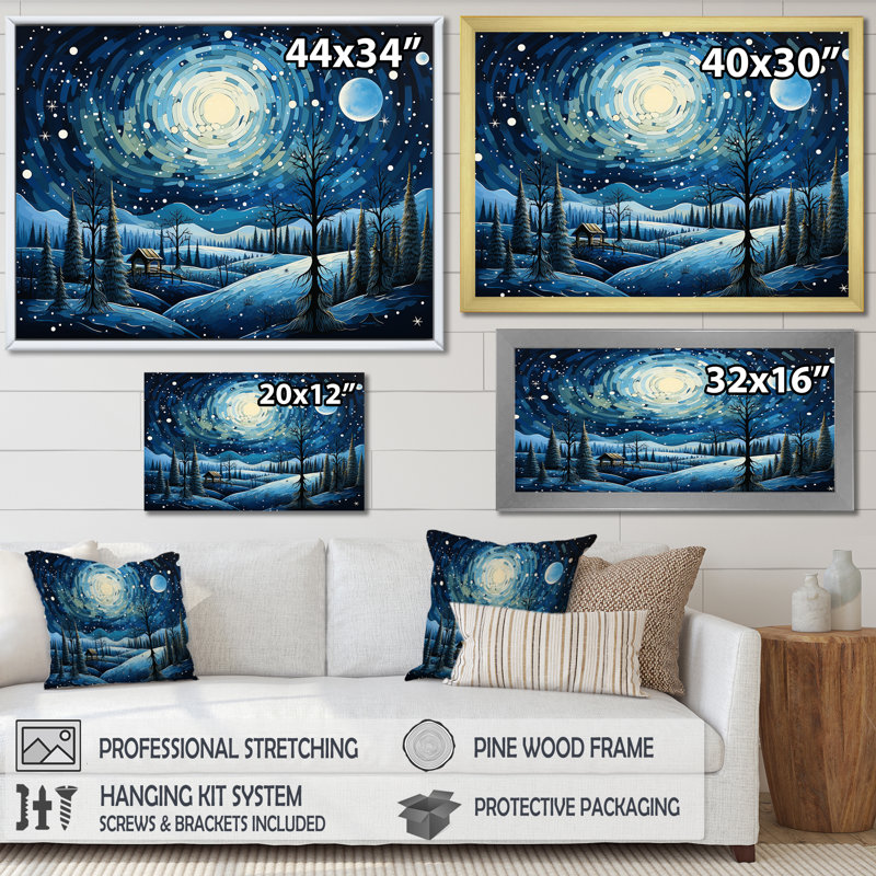«Winter Christmas Landscape At Night - Winter Landscape», art mural, Cadre d'angle fermé noir, H 12 po x l 20 po x P 1 po