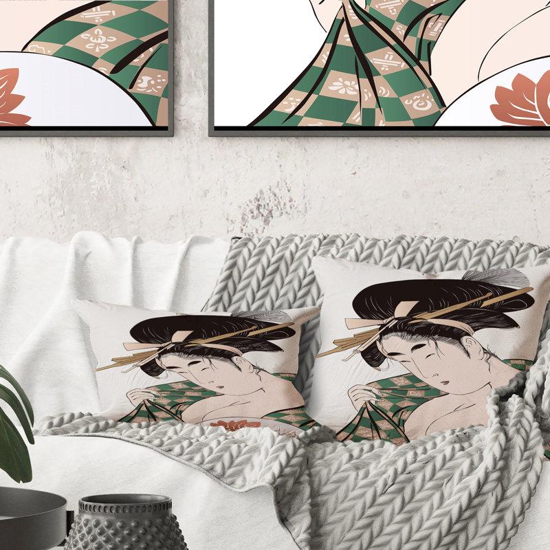 Coussin japonais à motif japonais Mid-Century Ukiyo-E, 18 po x 18 po