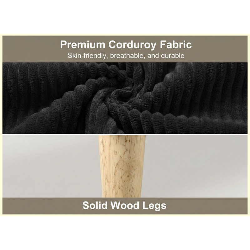 Banc de rangement avec repose-pieds 32 po en velours côtelé olive avec pieds en bois, Black