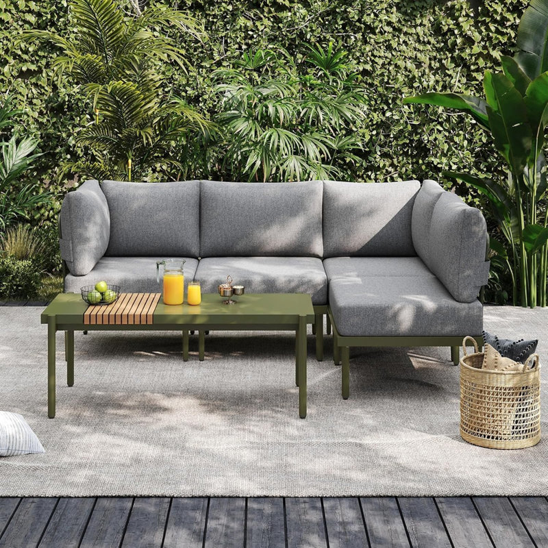 Ensemble de conversation d'extérieur en métal 5 pièces avec table basse et coussins en oléfine, Vert