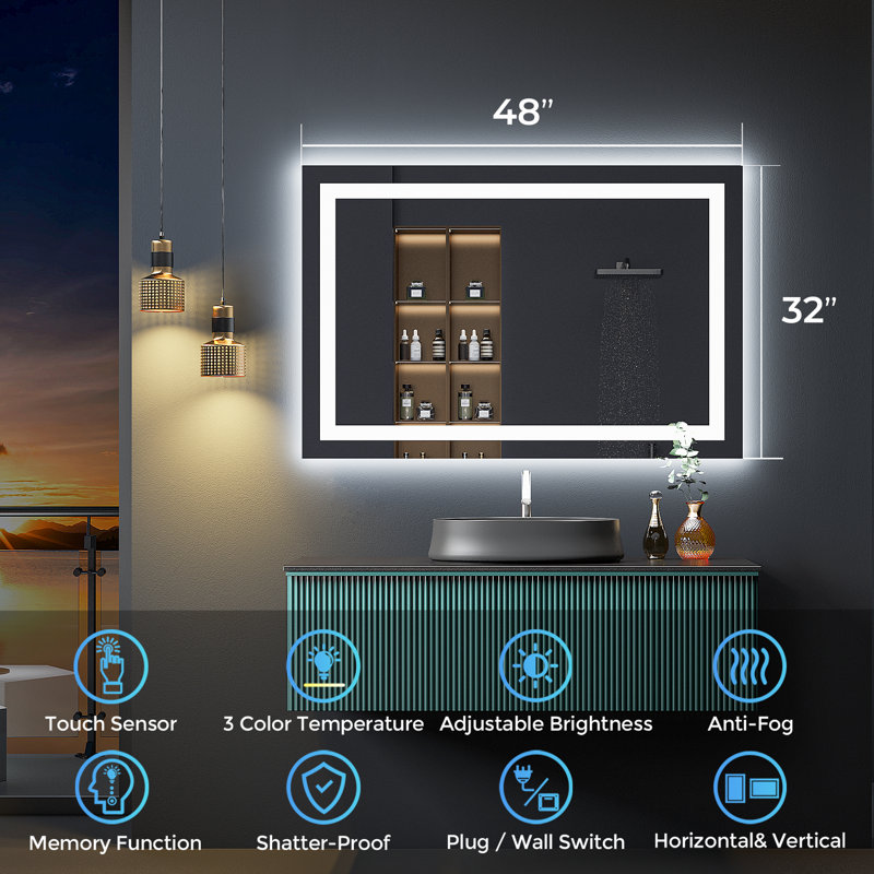 Akilan Frameless LED Vanity Mirror with Front-lit and Back-lit, Memory Function, 3 Color Temperatures & Dimmable Light, Anti-fog Tempered Glass ETL Mirror