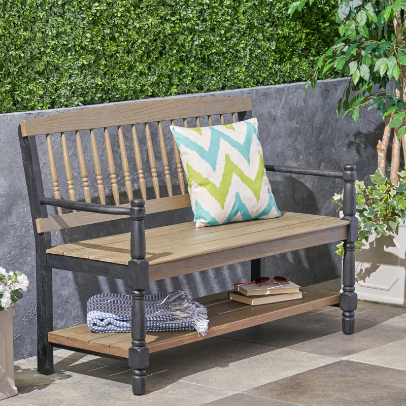 Banc d'extérieur en bois avec tablette, gris et noir pour un look élégant de rangement classique noir, fabriqué
