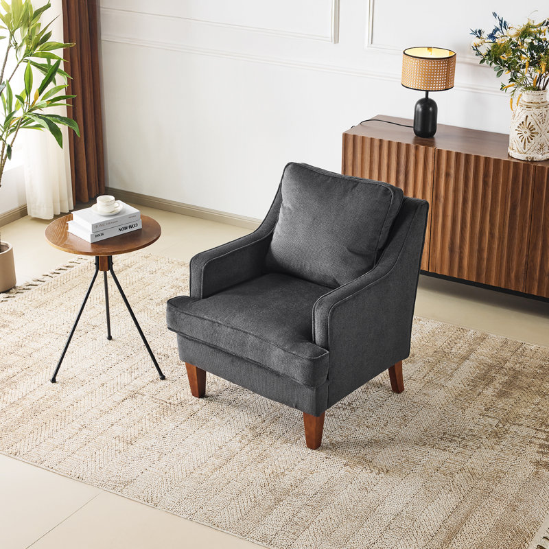 29"W T-Cushion Polyester Solid Wood Small Bedroom Chairs Mid Century Modern Accent Chair , Black Velvet