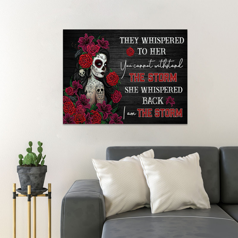 «Girl and Roses - Ils ont chuchoté à elle, vous ne pouvez pas résister à la tempête, elle a murmuré, je suis la tempête» - 1 pièce, reproduction d'art graphique sur toile tendue
